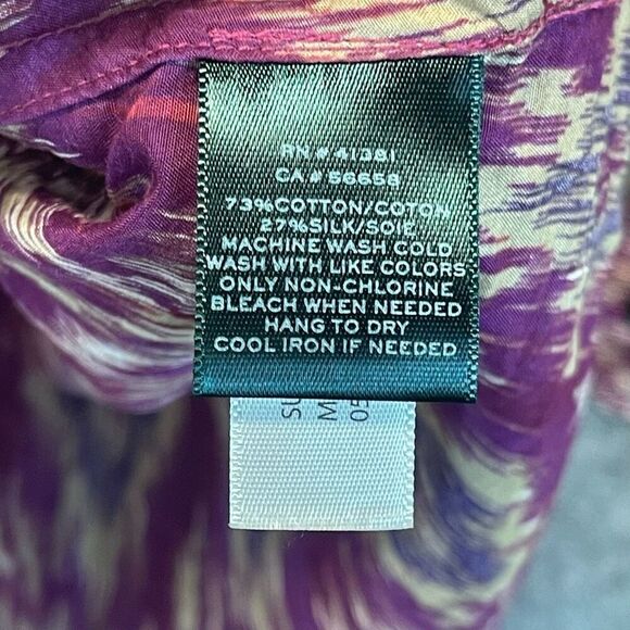 LAUREN RALPH LAUREN Silk Blend Blouse Ikat Print Button Front Purple Medium Top - Picture 5 of 11